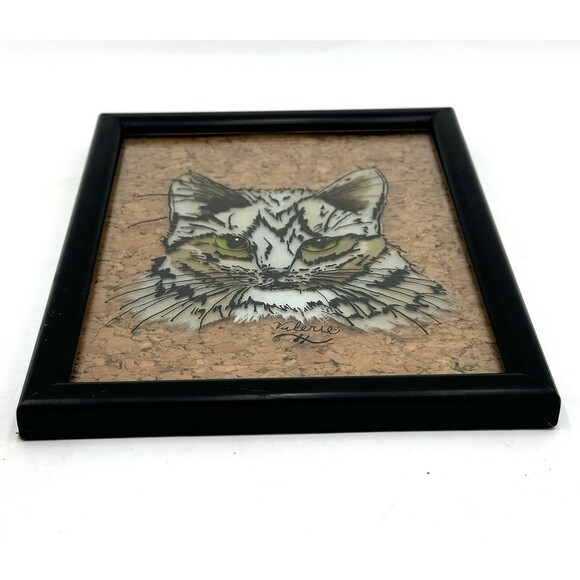 Vintage Reverse Painted Cat on Glass Framed with Cork Backing Singed Valerie - Picture 3 of 7
